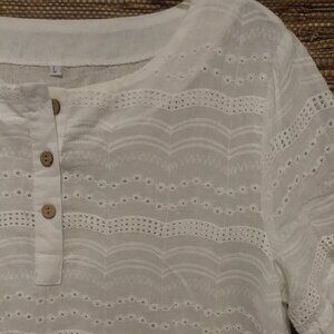 White Eyelet Blouse Sheer Front Solid Back – Flowy & Feminine Size L